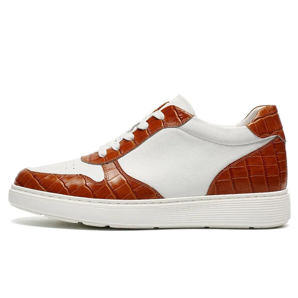 6 CM/2.36 Inches CMR CHAMARIPA Men's Casual Elevator Shoes - White & Brown Cowhide Leather