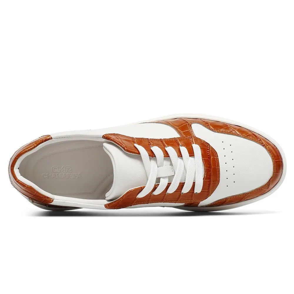 6 CM/2.36 Inches CMR CHAMARIPA Men's Casual Elevator Shoes - White & Brown Cowhide Leather