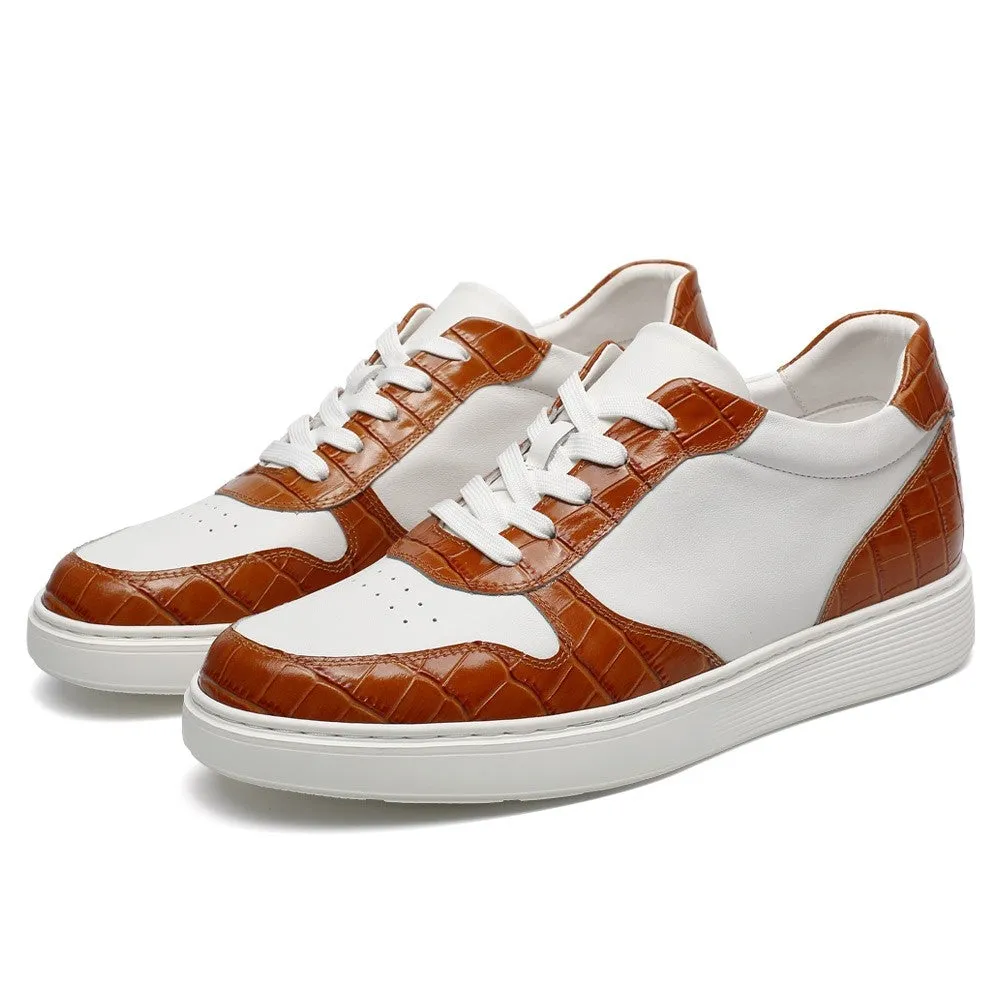 6 CM/2.36 Inches CMR CHAMARIPA Men's Casual Elevator Shoes - White & Brown Cowhide Leather