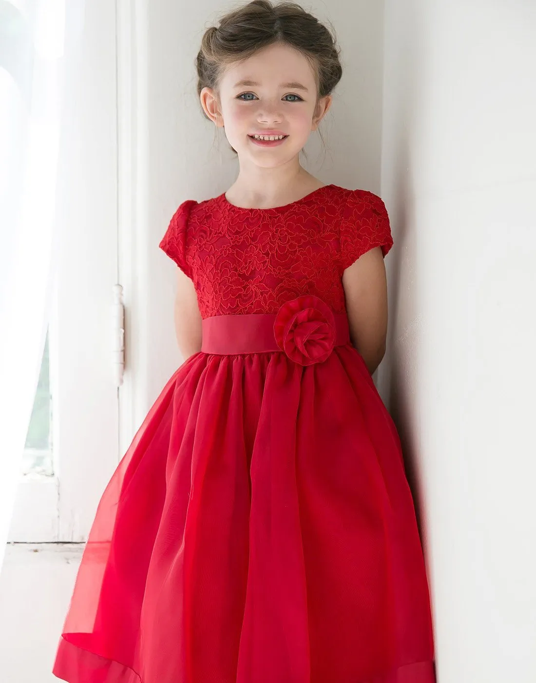 Attractive Lace and Mirror Organza Dress with a Satin Blossom - Red