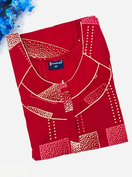 Attractive Red Color Geometric Designed Nighty For Women