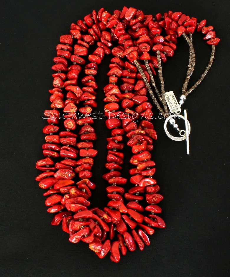 Bamboo Coral Nugget 3-Strand Necklace with Olive Shell Heishi and Sterling Silver