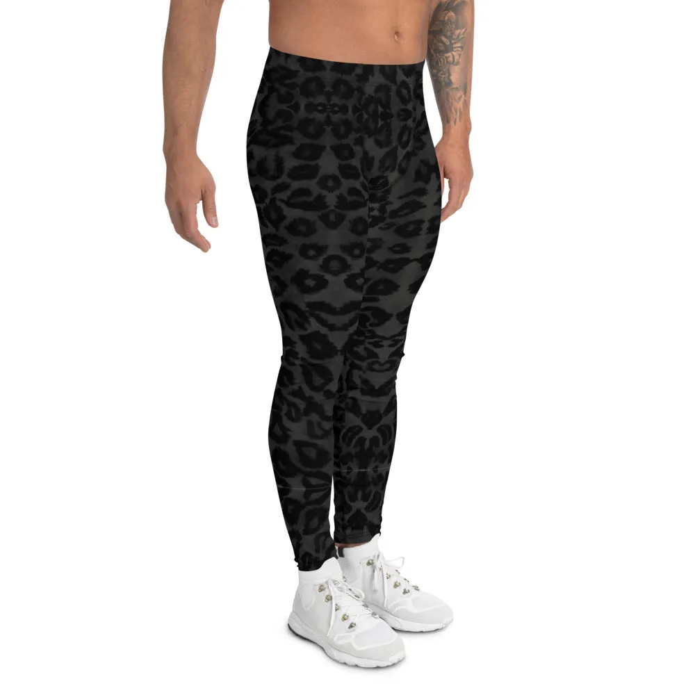 Black Leopard Men's Leggings, Best Animal Print Running Compression Tights-Made in USA/EU