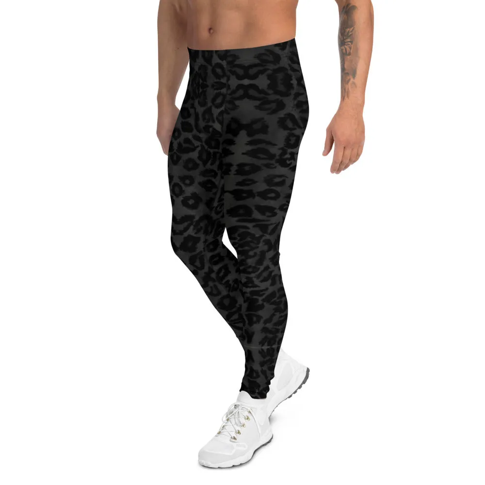 Black Leopard Men's Leggings, Best Animal Print Running Compression Tights-Made in USA/EU