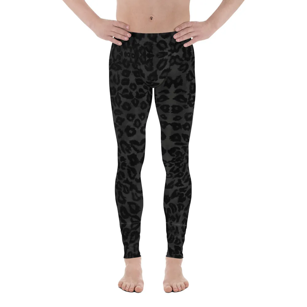 Black Leopard Men's Leggings, Best Animal Print Running Compression Tights-Made in USA/EU