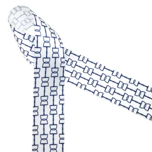 Equestrian Snaffle bit ribbon in navy blue printed on 1.5" white satin