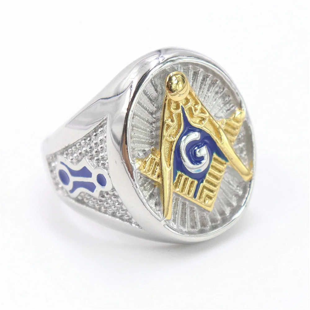 Master Mason Blue Lodge Ring - Blue Solid Stainless Steel With Gold Square & Compass G