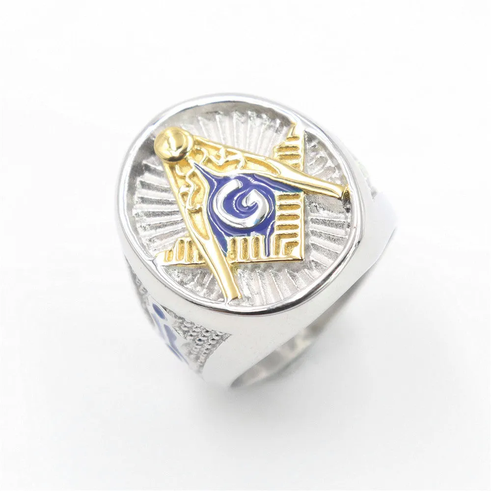 Master Mason Blue Lodge Ring - Blue Solid Stainless Steel With Gold Square & Compass G