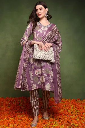 Purple Pure Cotton Floral Printed Straight Suit Set