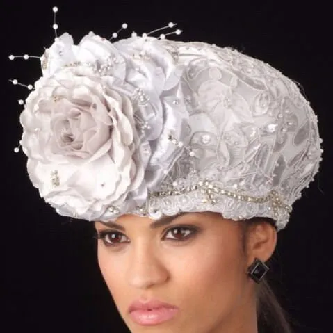 SG6024 Satin Silver Fabric Dress Church hat with Flower and RS