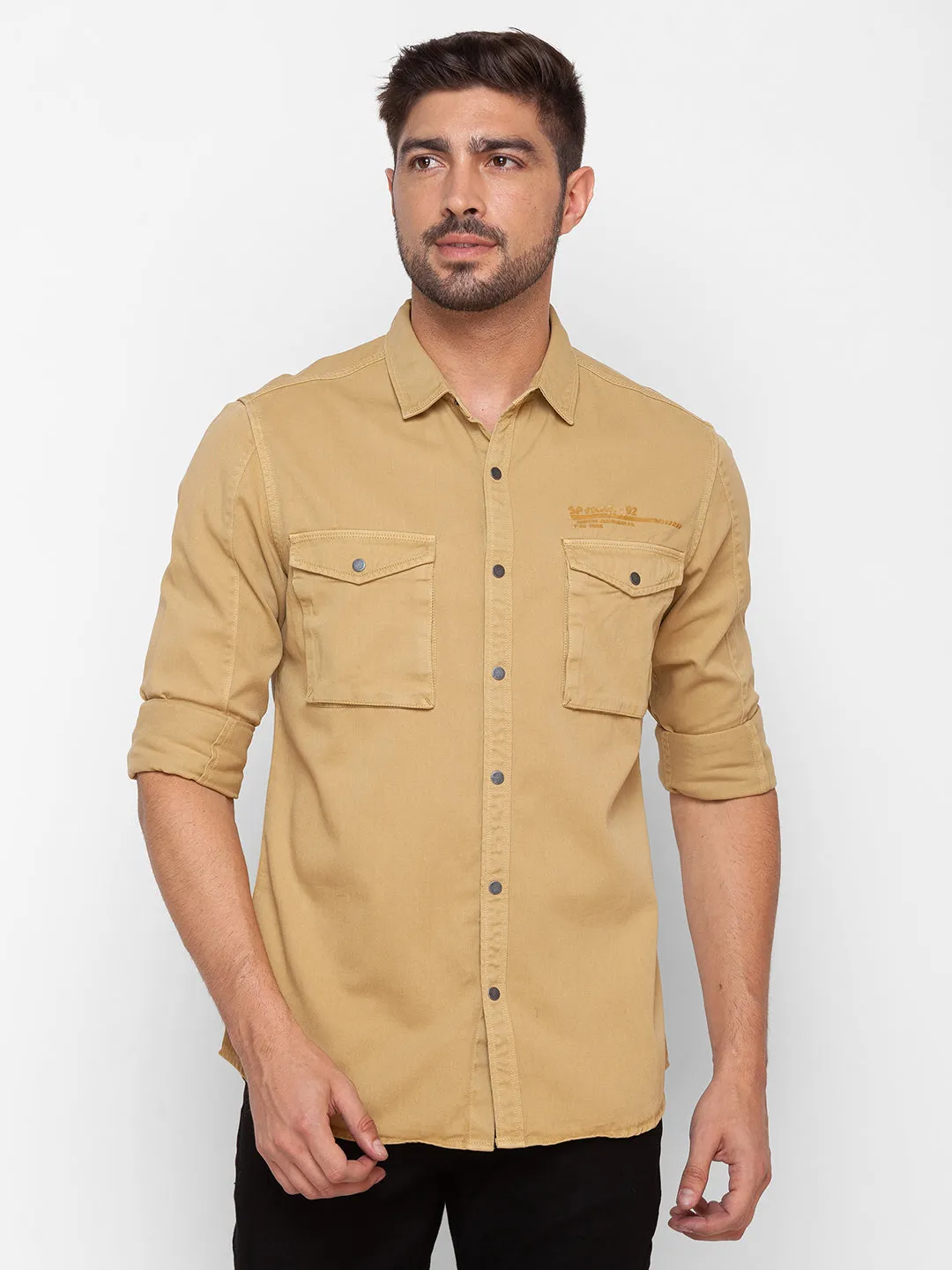 Spykar Camel Khaki Cotton Full Sleeve Plain Shirt For Men