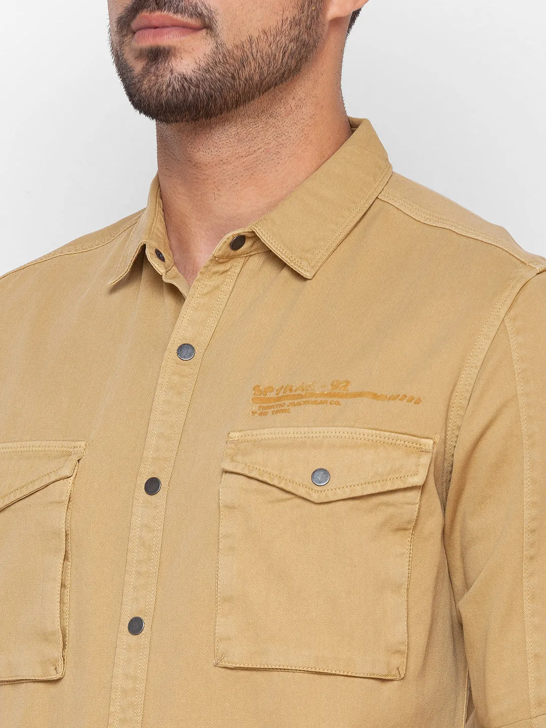 Spykar Camel Khaki Cotton Full Sleeve Plain Shirt For Men