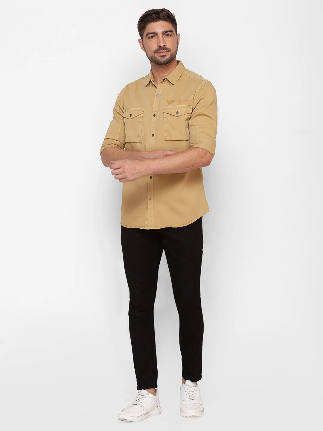 Spykar Camel Khaki Cotton Full Sleeve Plain Shirt For Men