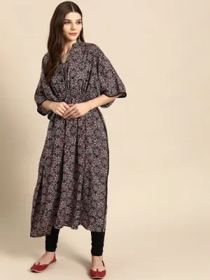 Women Black & Maroon Geometric Printed Kaftan With Tie-Ups